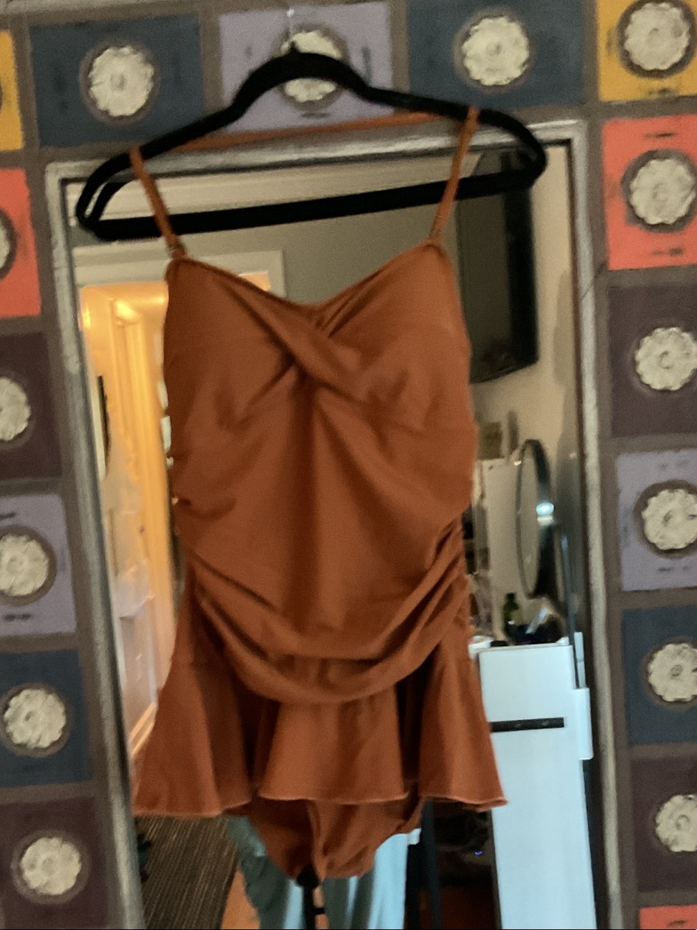 Ruched Rust One-Piece Swimsuit with Ruffle Hem